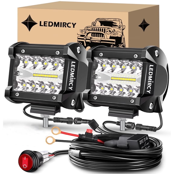 LEDMIRCY 4 inch LED Pod Lights Kit with Round Toggle Switch Wiring Harness LED Light Bar 2 Lead Spot Flood Combo Beam White Driving Off Road Lights for Truck Tractor Excavator Boat ATV SUV UTV GMC