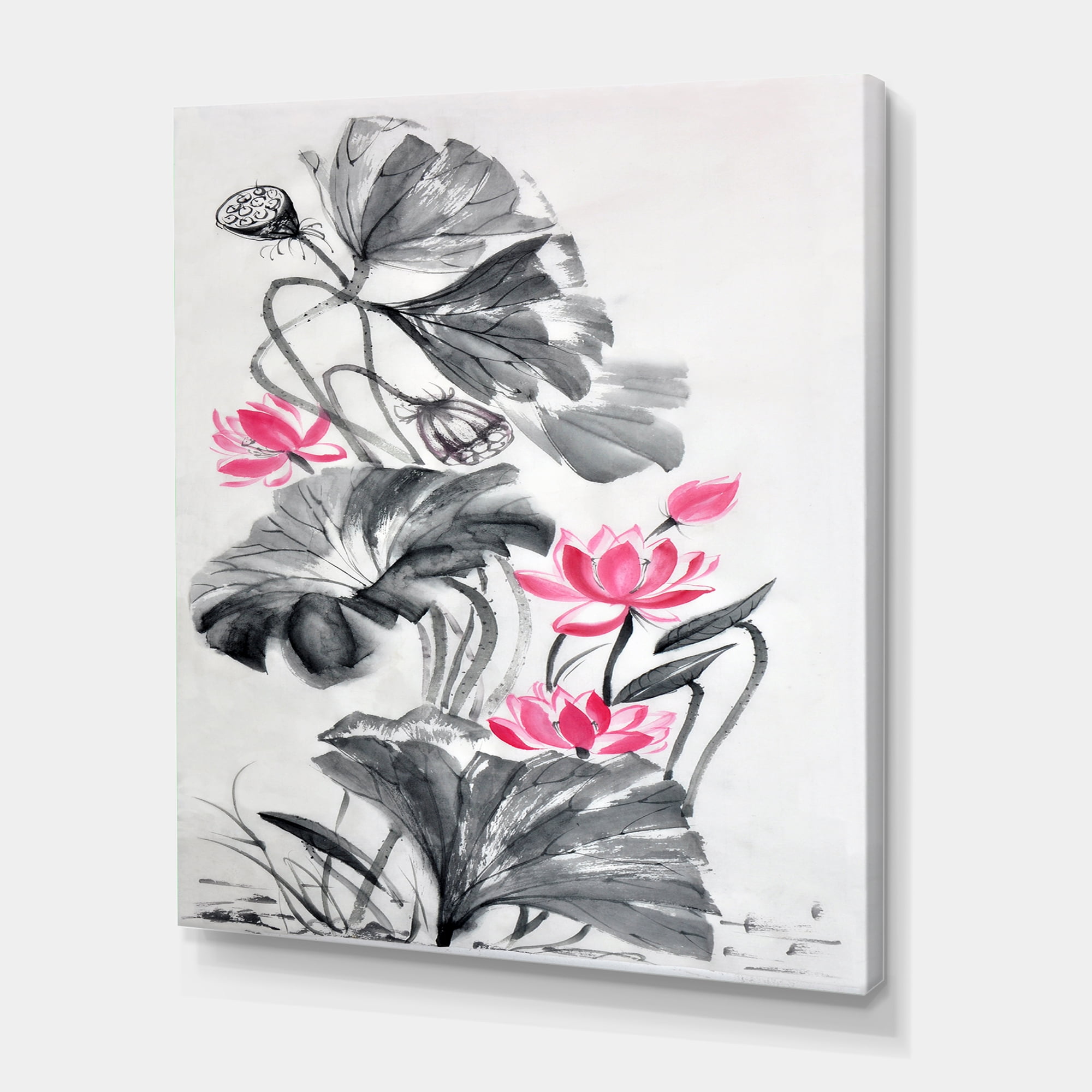Designart ' Pink Vintage Lotus Flower and Monochrome Leaves ' Traditional Canvas Wall Art Print