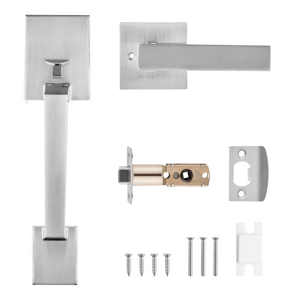 KFFKFF Front Door Handle, Square Entry Handle Set with Lever, No Lock, Adjustable Hole Space, Zinc Alloy Die-Casting, Reversible for Right and Left Handed Entrance