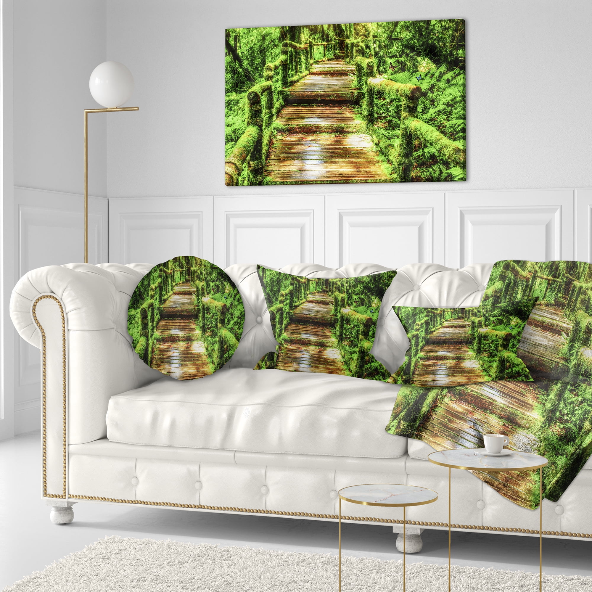 Designart Moss around Wooden Walkway in Rain - Photography Throw Pillow - 12x20