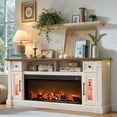 thumbnail image 3 of OKD Farmhouse Fireplace TV Stand for TVs up to 80" – 42" Electric Fireplace, LED Lights & Ample Storage | Modern Rustic Entertainment Center with Cabinets, Antique White, 3 of 9
