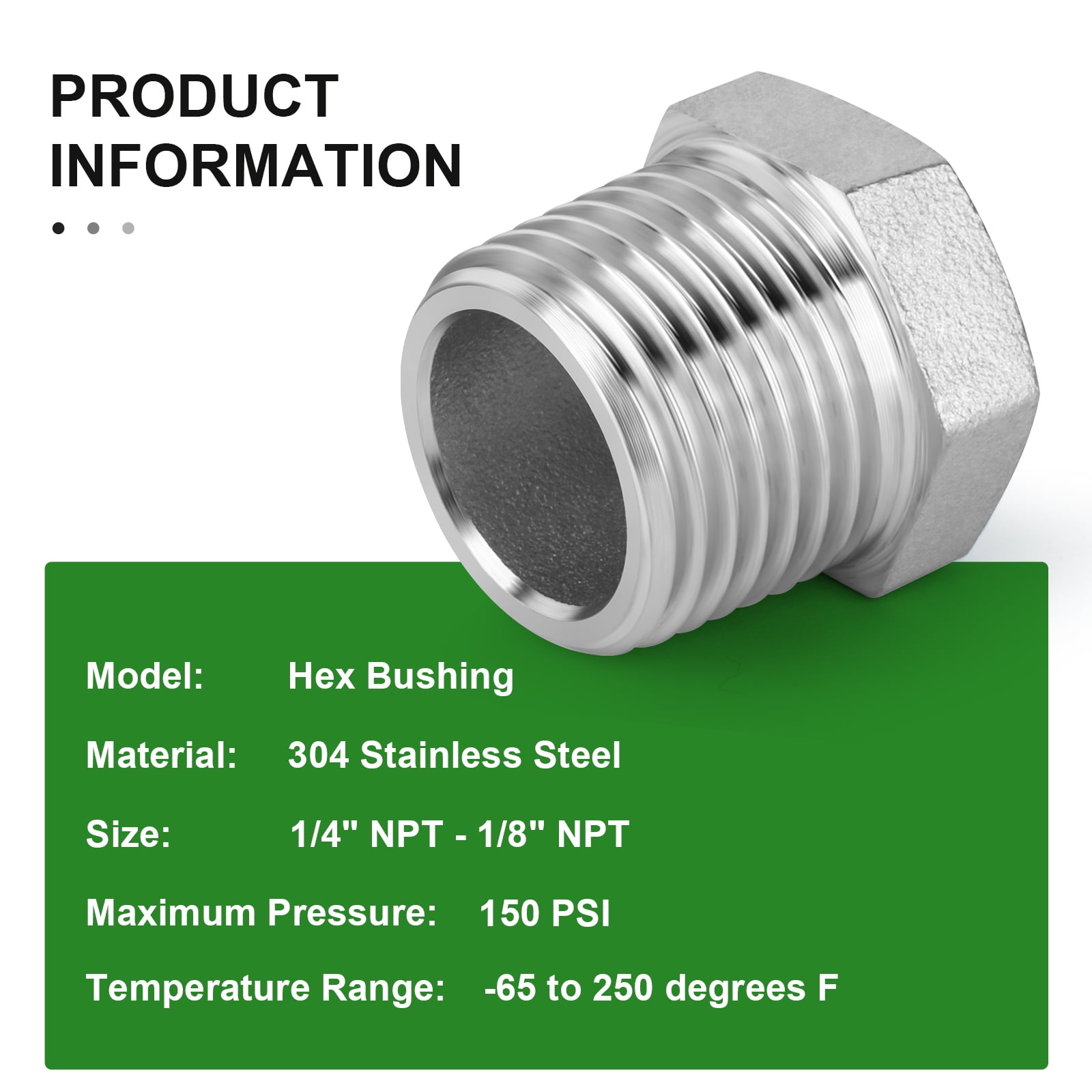 Taisher 304 Stainless Steel Hex Nipple Reducer - 1/2" Male To 1/4" Male NPT Pipe Fitting, Forged & High Pressure