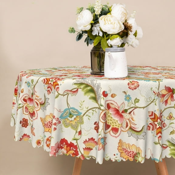 MIZHONA Red Round Tablecloth,Vintage Floral Table Cloth for Kitchen Party Outdoor Decor,60"