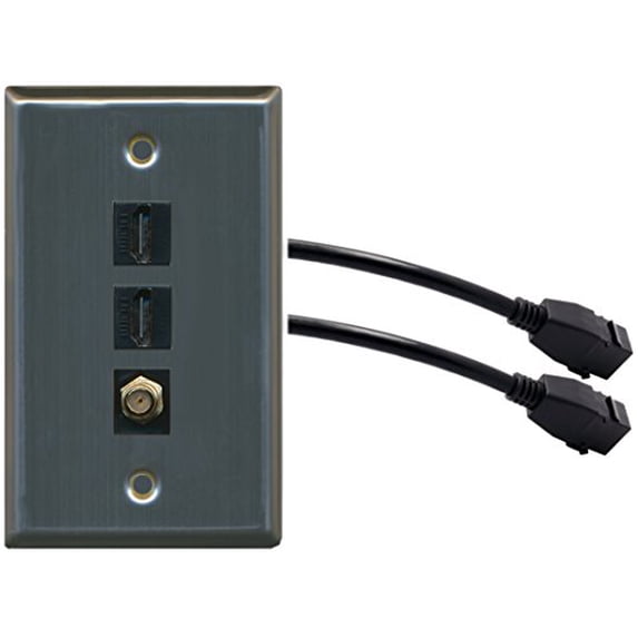 RiteAV (1 Gang Flat 2 HDMI Black Coax Wall Plate w/Pigtail Extension Cable Stainless Steel