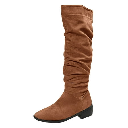 

GNEIKDEING Ladies Solid Color Flock Pleated Pointed Toe Thick Heels Casual Long Boots Gift on Clearance