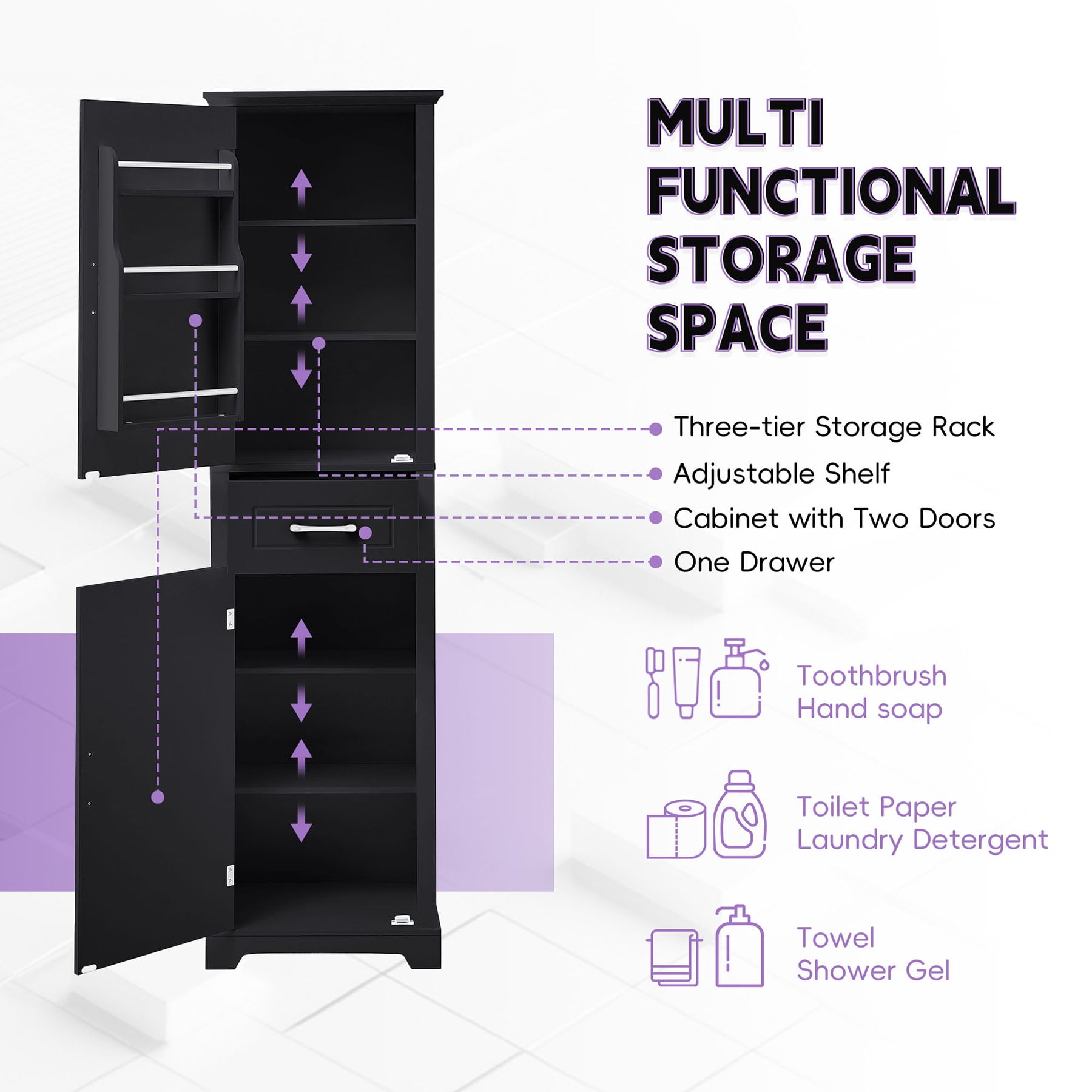 S-HOME Freestanding Black Bathroom Storage Cabinet Featuring Adjustable Shelves, Two Doors and Modern Handle Design for Easy Use