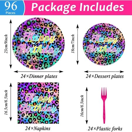SHILIU-96Pcs Neon Rainbow Leopard Birthday Party Plates and Napkins Cheetah Print Birthday Themed Party Decorations Cheetah Leopard Girl s Sparkly Splatter Tableware Set for 24 Guests Baby Shower Sup