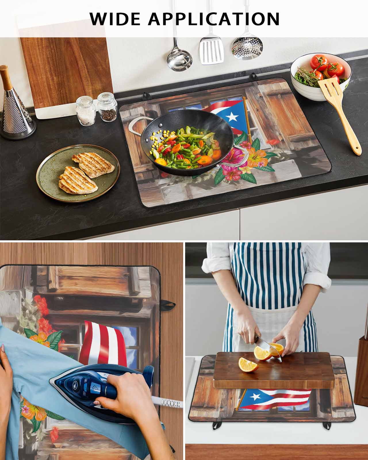 Large Induction Cooktop Protector Mat Puerto Rico Flag Stove Top Covers for Electric Stove, Farmhouse Retro Flowers American Flags Decorative Stove Burner Cover Mats, Glass Top Stove Cover