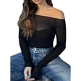 thumbnail image 4 of ZAXARRA Women Off Shoulder Ruched Mesh Tshirt Top Long Sleeve Pleated See Through Solid Slim Shirt Blouse Tops, 4 of 9