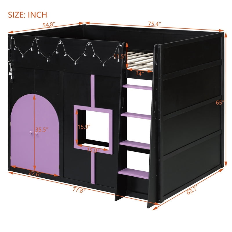 Full Size Playful Child Loft Bed with Doors & Window, Wood Kids House Bed Frame with Light Strip & Built-In Ladder