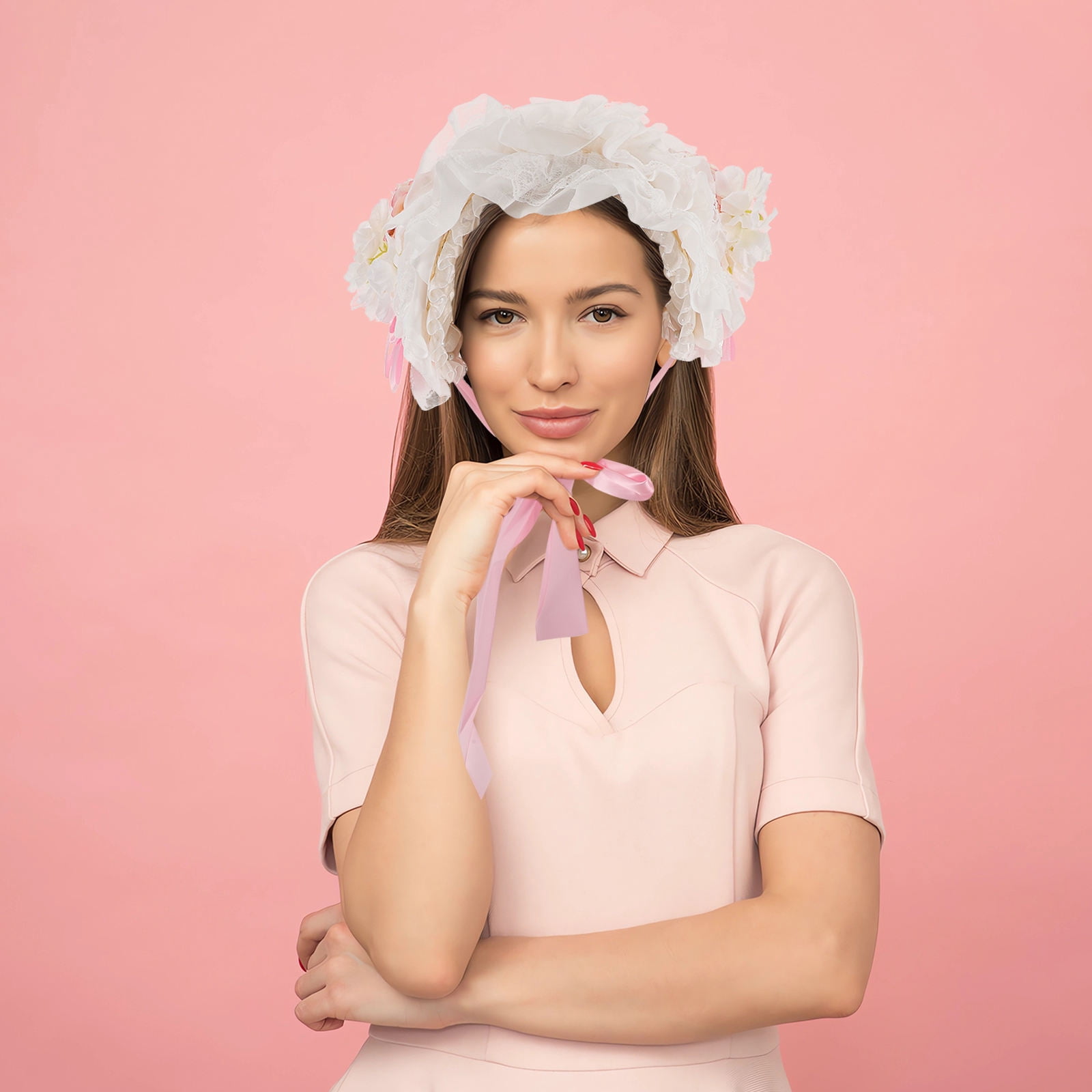 LOLIPPYY Lolita Style Pink Rattan Bonnet Sun Hat with Wide Brim and Victorian Lace Floral Decor