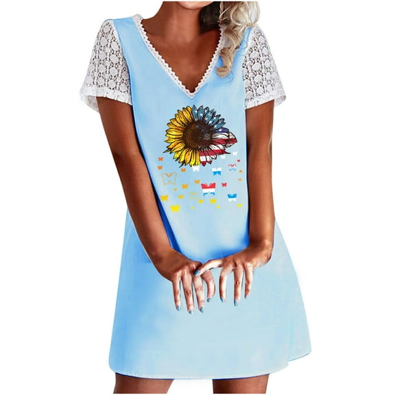 OAVQHLG3B American flagSummer Dress for Women 4th of July Outfits for Women Summer Casual Dress Floral Print Short Sleeve Floral Print V-Neck Dress