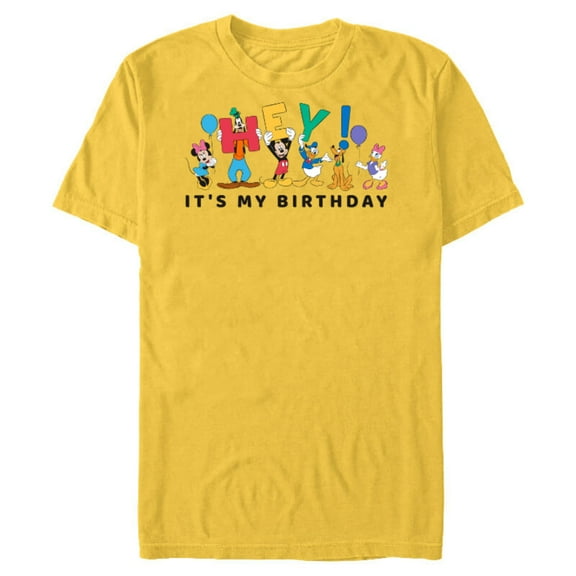 Disney Mickey and Friends Hey It's My Birthday - Short Sleeve Blended T-Shirt for Adults -Customized-Yellow