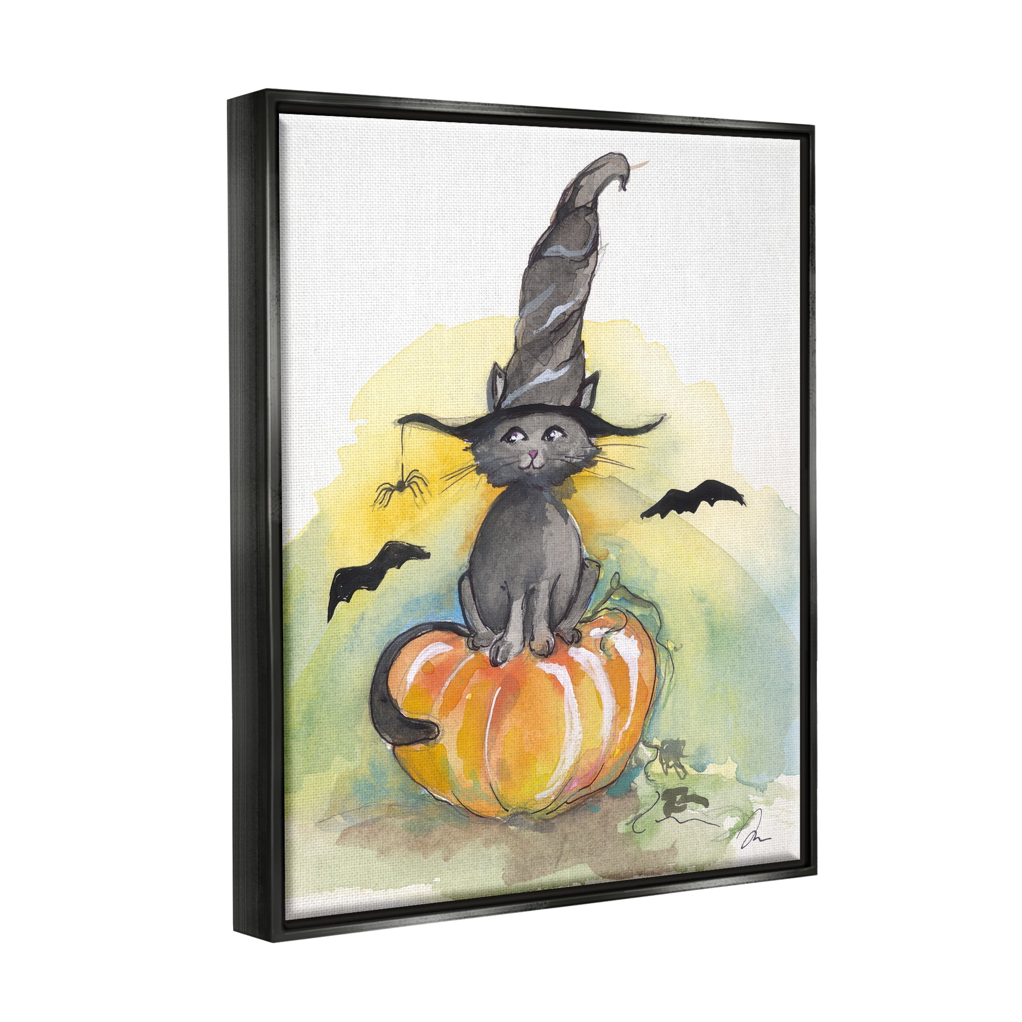 Stupell Industries Witch Cat on Pumpkin Holiday Painting Black Floater Framed Art Print Wall Art, 17 x 21