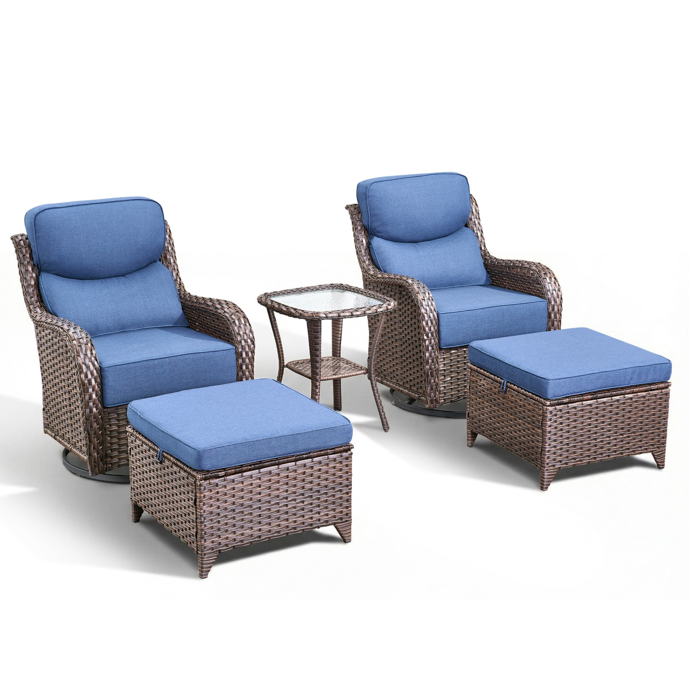 Unnifurnzi 5 Pieces Wicker Outdoor Furniture-Patio Swivel Chairs Set of 2 with Outdoor Ottoman Patio Conversation Sets for Deck Porch Poolside Balcony-Brown/Blue
