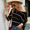 thumbnail image 1 of Tops sueltos para mujer europeos y americanos, suéter de punto con manga tres cuartos a rayas de temperamento, blusa de punto hueco con cuello de una línea, 1 of 3