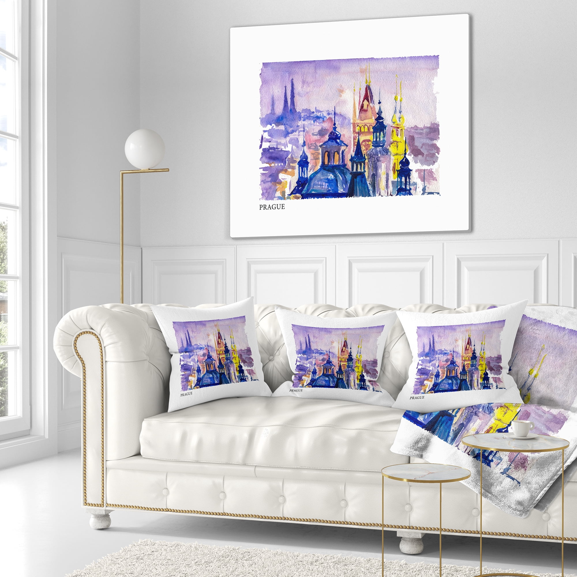 Designart Prague Vector Illustration - Cityscape Painting Throw Pillow - 18x18