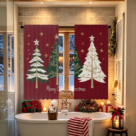Wine‑Red Stylized Tree Snow‑Dot Snowflake 2D Printed Window Curtain, No Rods Included, Light Filtering Fabric, for Indoor Living Space Winter Home Decor