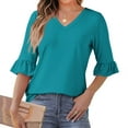 thumbnail image 2 of DDAPJ pyju 3/4 Length Sleeve Womens Tops Trendy Summer Tunic Tops Dressy Casual V Neck Blouses Light Blue M, 2 of 8