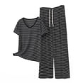 thumbnail image 2 of Cagogo Women Plus Size 2 Piece Set Striped V Neck Short Sleeve Tshirt Wide Leg Pants Casual Loose Matching Lounge Outfits Cruise Travel Clothes Airport Summer, Gray 5XL, 2 of 5
