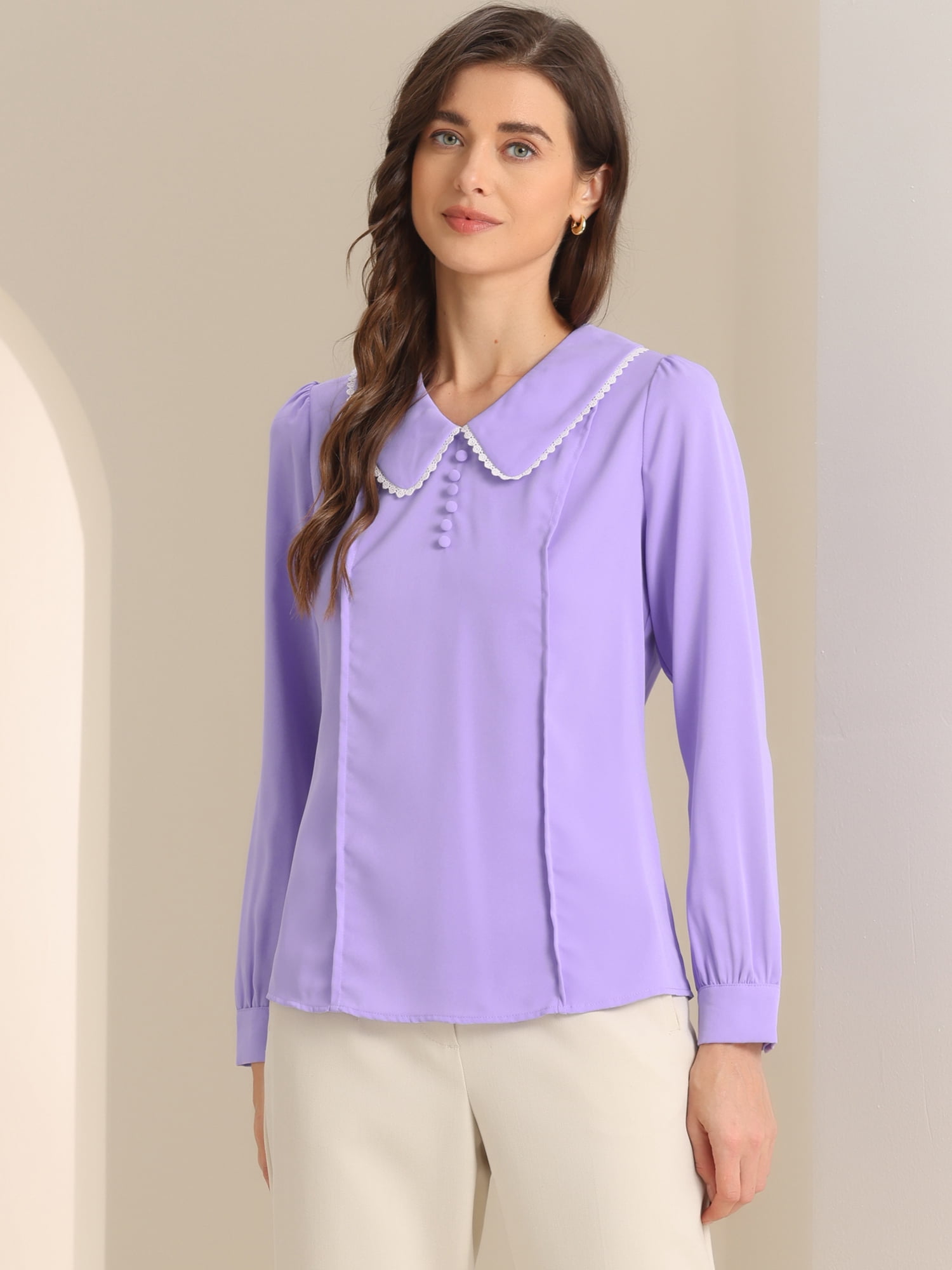 DARING DIVA Women's Peter Pan Collar Button Chiffon Blouse M Light Purple