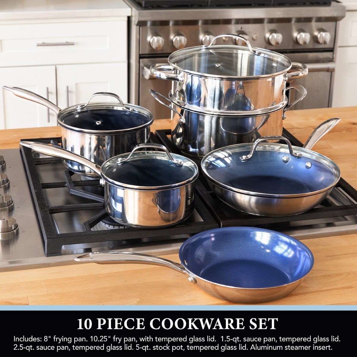 Granitestone Pro Stainless-Steel Pots & Pans Set Nonstick, Tri-Ply Base, 10 Piece Blue Nonstick Cookware Set includes Frying Pans, Stock Pots & Skillets, Dishwasher and Induction Safe