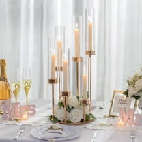 Nuptio Gold Candelabra Centerpieces for Tables , 6 Arm Gold Hurricane Candle Holder Centerpiece Table Decorations with Removable Glass Cover,1PC