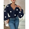thumbnail image 6 of Women'S French Polka Dot Half-Open Collar Loose Bubble Long Sleeve Top Navy Blue M, 6 of 8