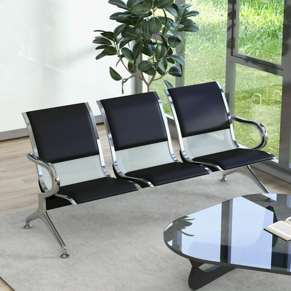Kinsuite Waiting Room Bench - PU Leather Guest Reception Chairs with Arms & Non-Slip Foot Mats, Office Chair for Airport Bank Salon Hospital, Black