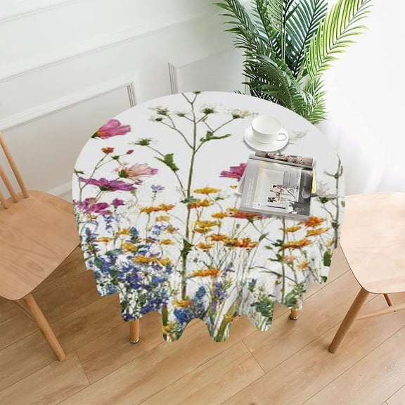 RKSupls 60 Inch Round Tablecloth, Wildflowers Watercolor White Premium Polyester Straight Edge Wrinkle Resistant Washable Table Cover for Party Home Dining Decor