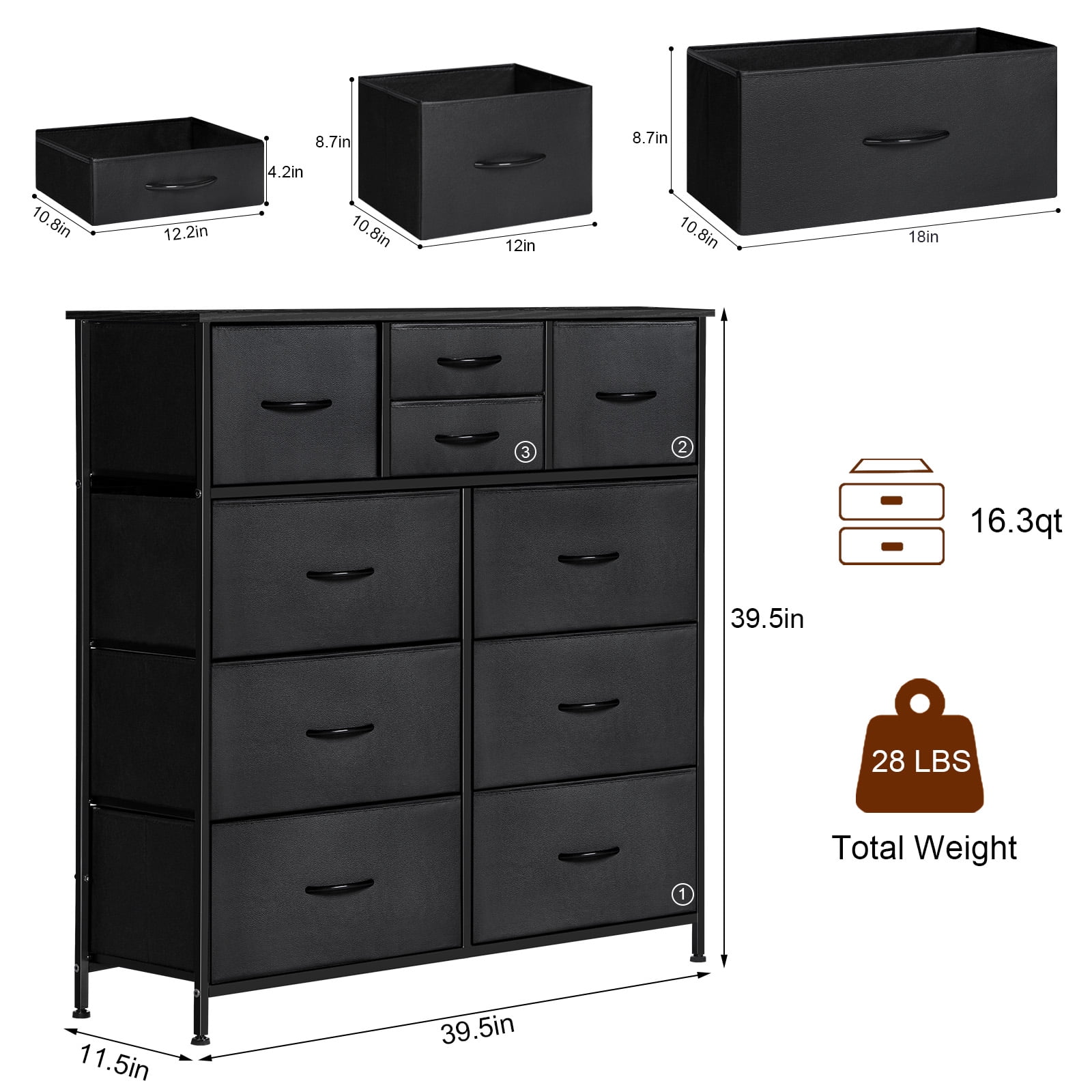 Oumilen Adult Dresser with 10 Non-Woven Drawers Small Chest of Drawers, Black
