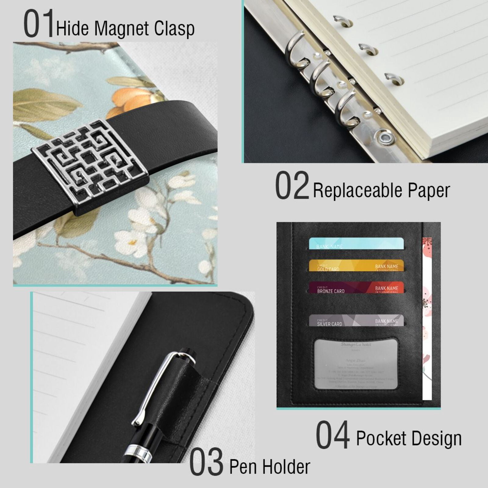 Premium Faux Leather Notebook - Refillable, Multi-Functional Organizer, 23.3x17cm, All-Season Use，A Vintage Floral