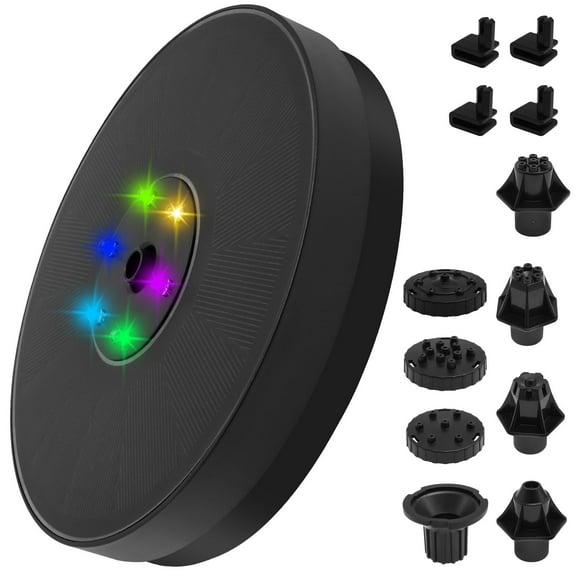 Sutowe Solar Water Fountain 3W Efficient Bird Bath Fountains with 7 Nozzles and 7 Colors LED Lights Multifunctional Solar Water Pump Kit for Pool Patio Pond Fish Tank