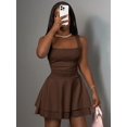 thumbnail image 7 of Rust Brown Womens Square Neck Ruched Double Layer A-Line Mini Dress Casual Sweet Style, 7 of 7