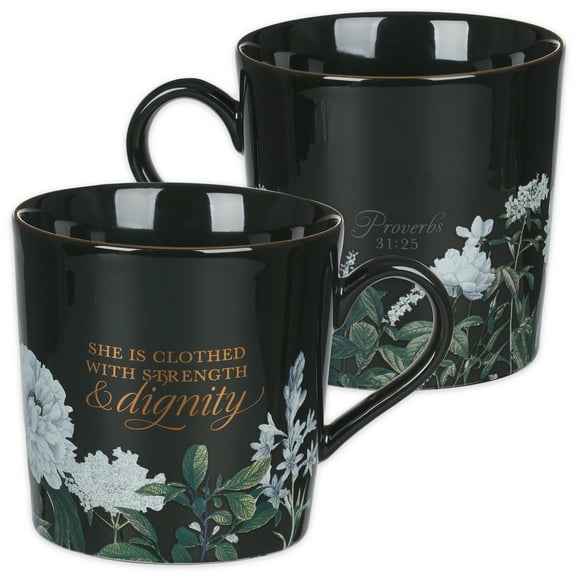 Christian Art Gifts Ceramic Novelty Scripture Coffee & Tea Mug for Women: Strength & Dignity - Proverbs Inspirational Bible Verse w/ Gold, Wide-mouth Lead-free Drinkware, Black & White Floral, 14 oz.
