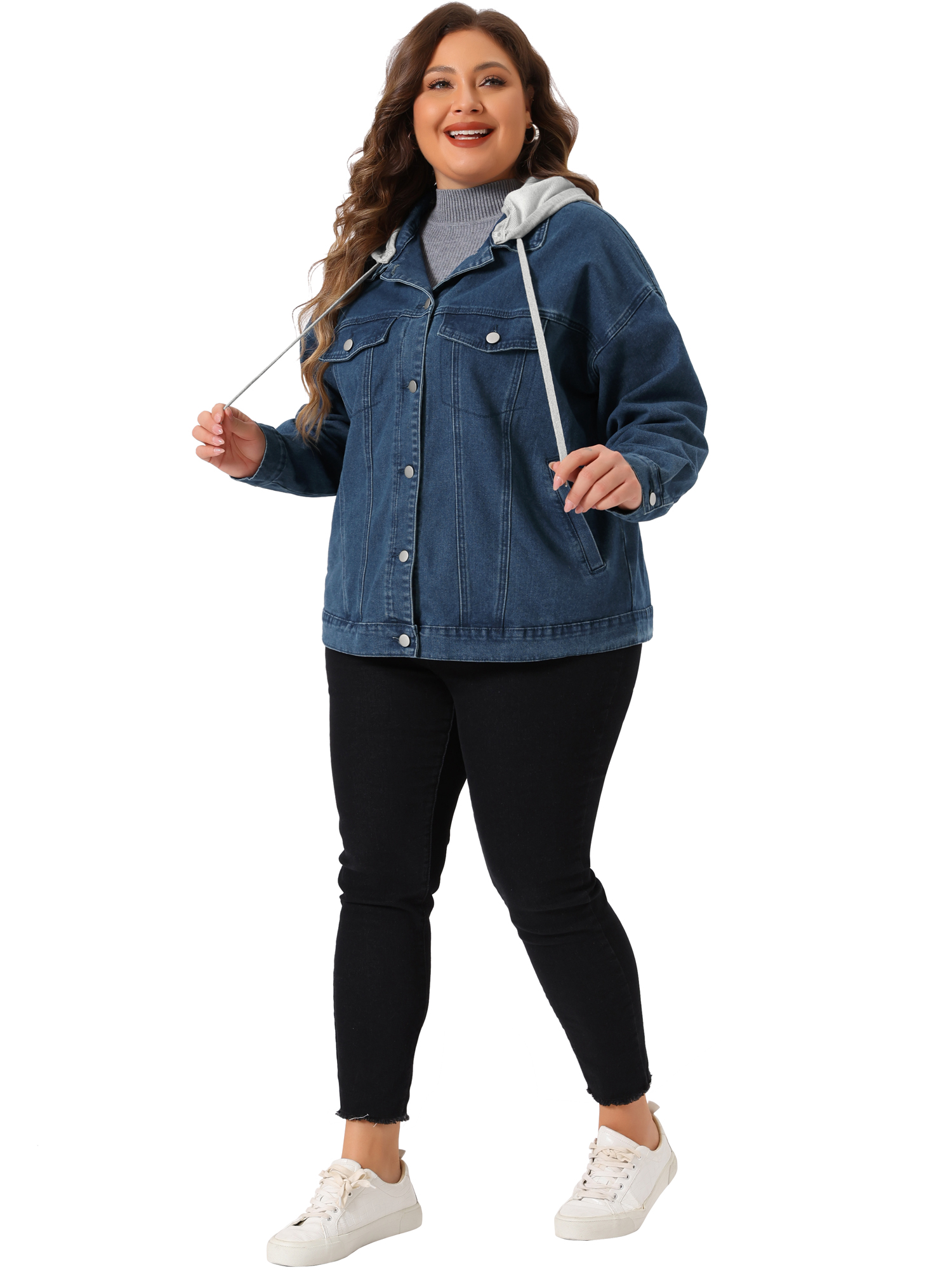 DARING DIVA Women's Plus Size Layered Drawstring Detachable Hoodie Denim Jacket 3X Blue