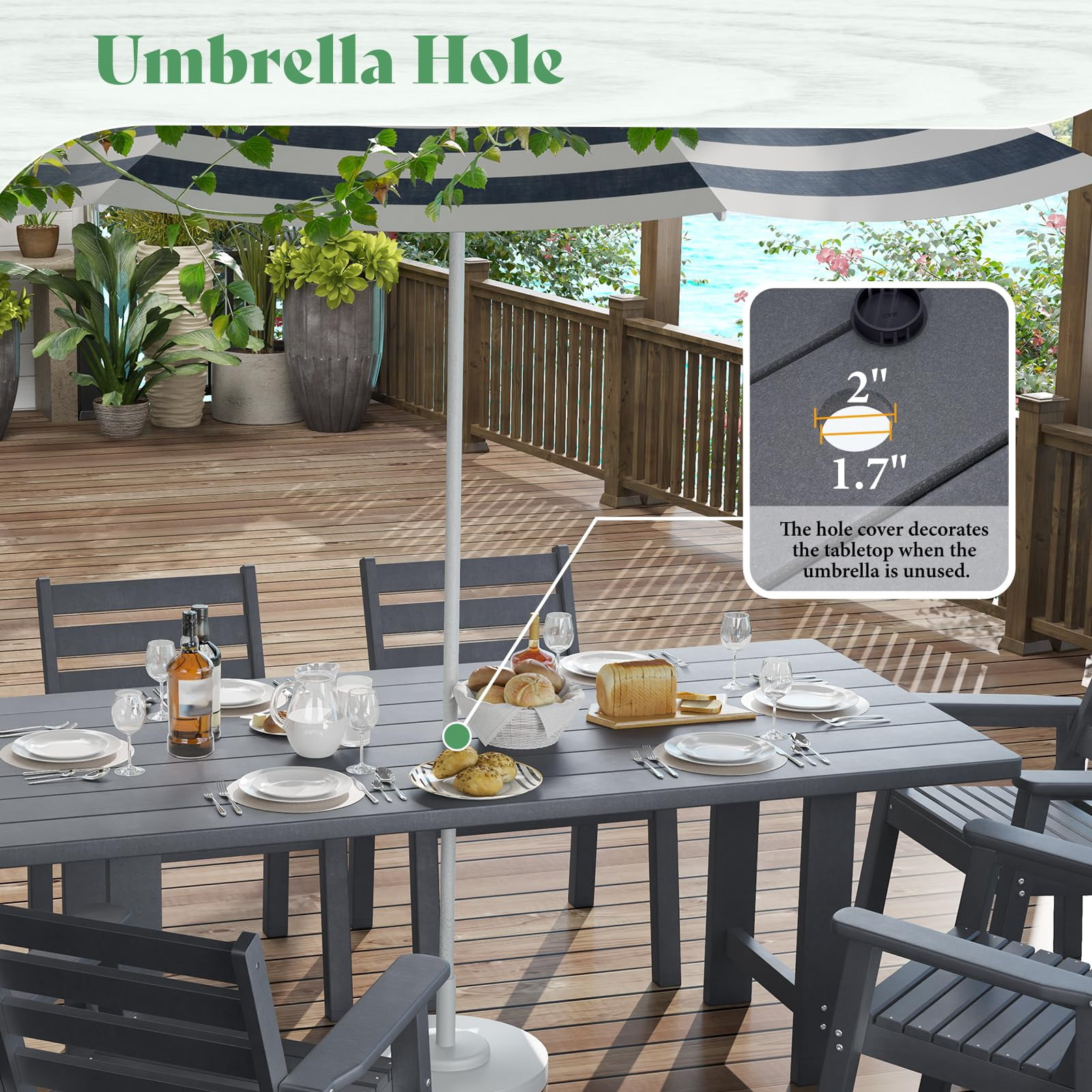 LUXOAK 7 Piece HDPE Outdoor Dining Set, 71" Table with 6 Chairs, Patio Furniture, Grey