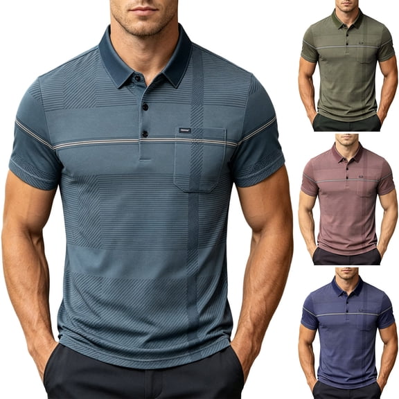 Men’s Short Sleeve Quick Dry Moisture Wicking Golf Polo Shirt with Pocket Bussiness Casual Striped Tee Tops for Middle-aged Size 3XL Blue