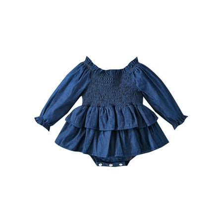 

CIRREOUS Infant Baby Girl Dress Jumpsuit Solid Color Long Sleeves Off Shoulder Ruched Ruffled Romper 3-24 Months