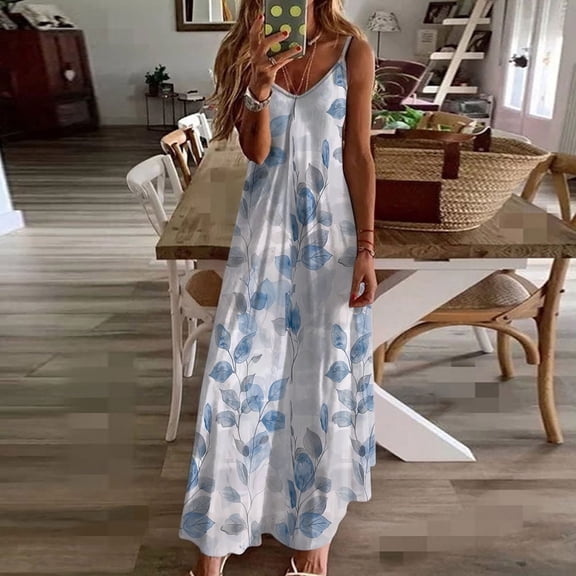 qelini Womens Summer Dresses Plus Size Long Dresses V Neck Sleeveless A-line Dress Floral Print Dress