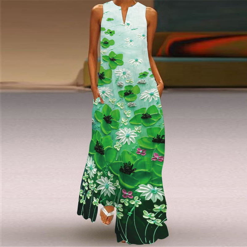 2019 New Fashion Women's V-neck sleeveless printed beach dress maxi dress 