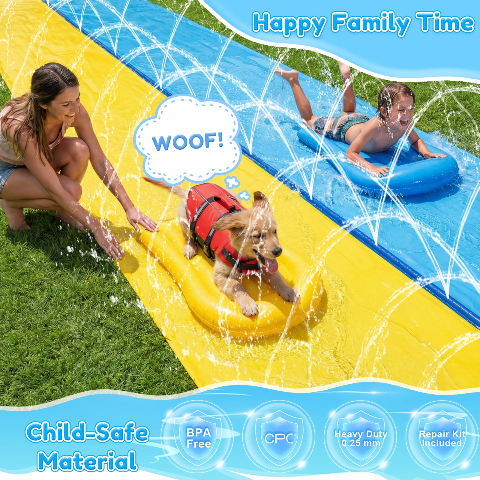 Teblint 22.3FT Double Lawn Water Slides, Heavy Duty Water Slip Splash Pad with Built in Sprinkler & 2 Bodyboards for Backyard Outdoor Water Fun Toys for Kids Adults