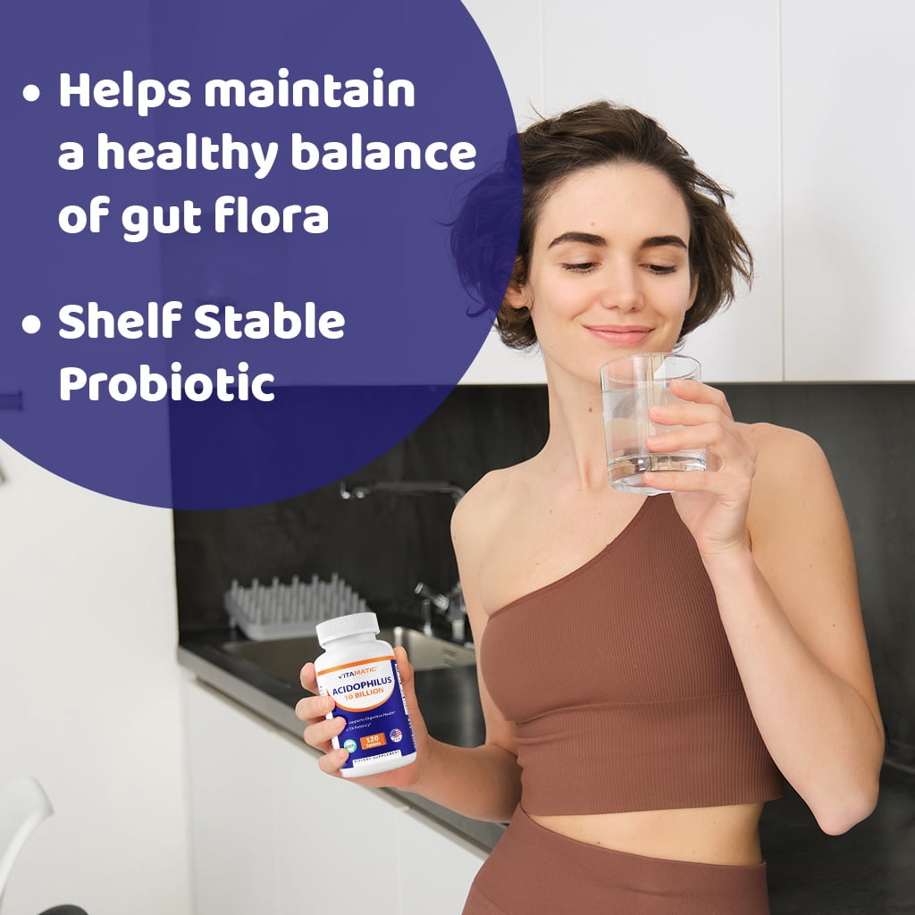 (3 pack) Vitamatic Acidophilus Probiotic - 10 Billion CFU - 5X Potency - Daily Probiotic Supplement, Supports Digestive Health - 120 Tablets