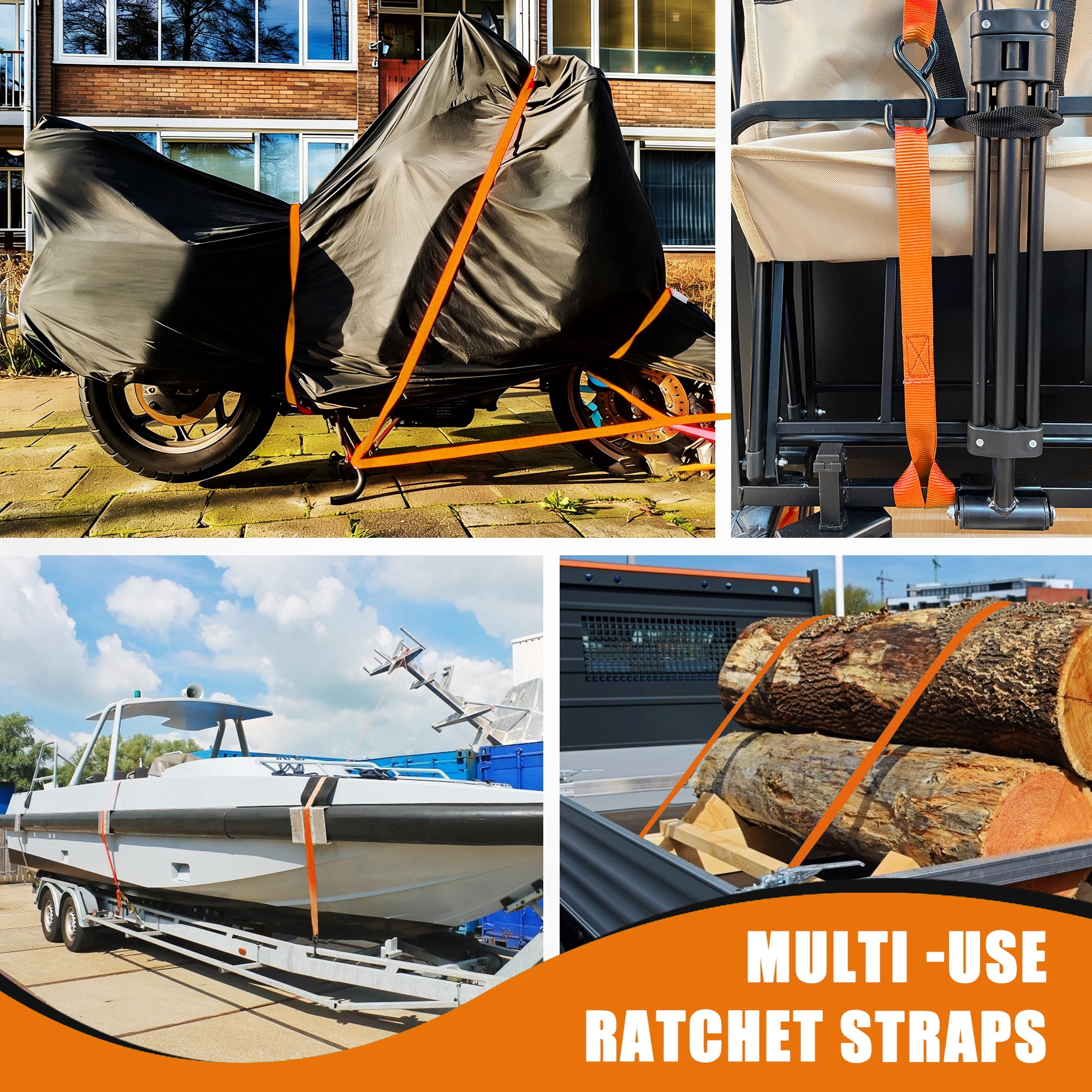 AWELCRAFT 1500 lb Premium 15ft Tie-Down Ratchet Straps with ''S" Hooks, 4-Pack Orange