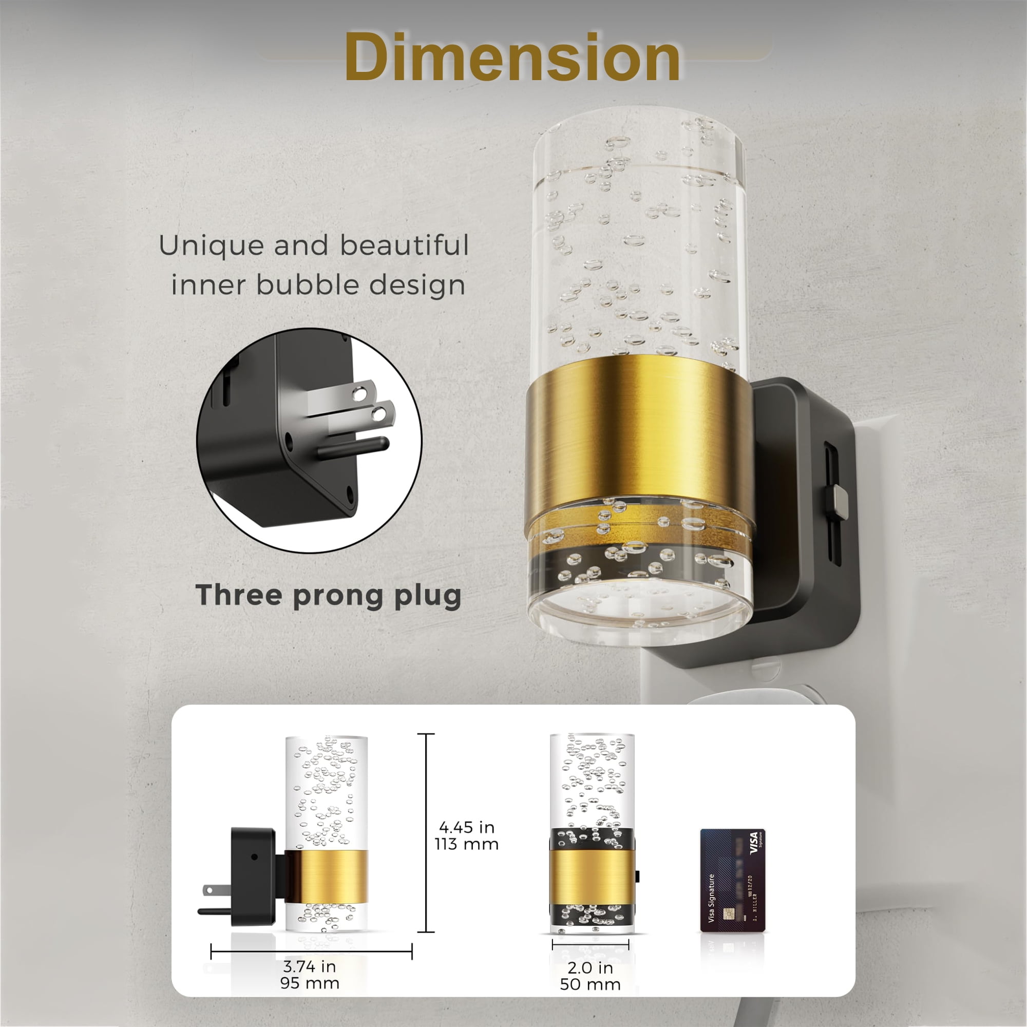 Beslands 2 Pack Dimmable LED Night Light Plug into Wall with Auto Light Sensor, Adjustable Brightness for Bathroom, Bedroom, Hallway, Stairway - Modern Acrylic Bubble Style (Gold) for Summer