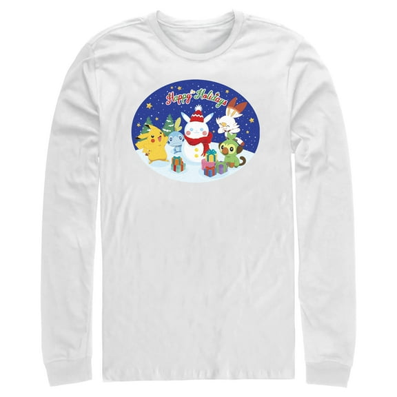 Men's Pokemon Happy Holidays Snowman Pikachu Long Sleeve Shirt White Large