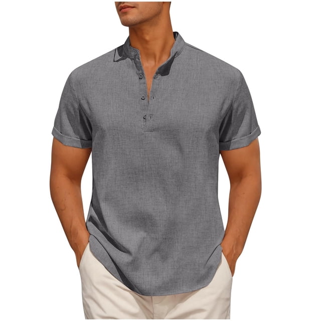 Gray Man Lounge Button Tops Short Sleeve Blouses for Man Collared Neck Faux Gauze Linen Loose Fit Basic Summer Fall Shirt 2025 Clothes Fashion Country Concert Y2K XXL