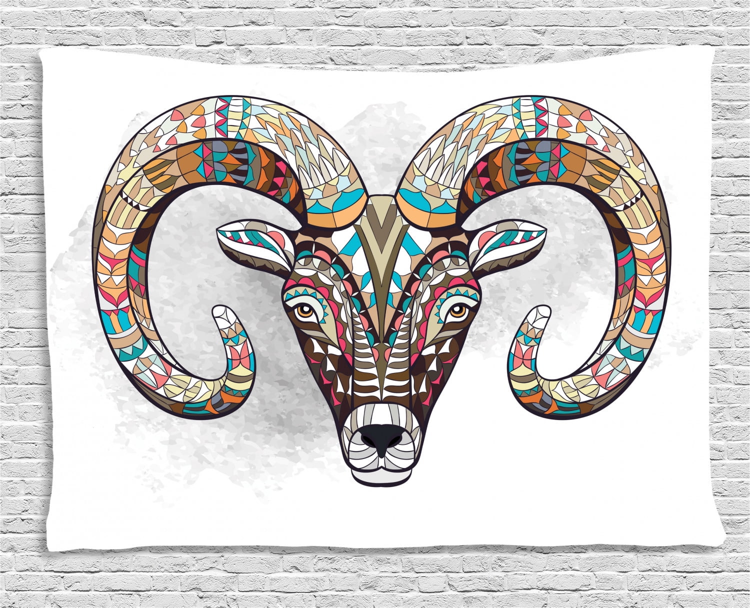 Goat Tapestry, Colorful Tribal Ornamented Head of Goat Figure African