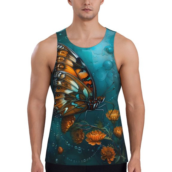 Gukieu Elegant Butterfly And Flowers Print Men's Quick Dry Fitness Vest, Round Neck Sleeveless Fitness Bodybuilding Top-