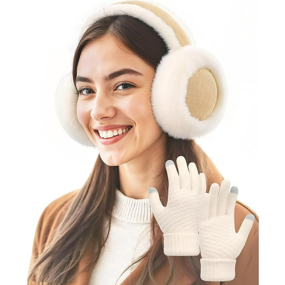 Fashion Ear Muffs for Winter Women W/Screen Touch Gloves Set, Foldable Fuzzy Earmuffs Faux Fur Warmer Covers Outdoor